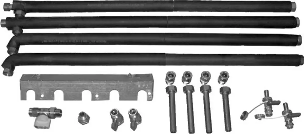 Anschluss-Set mit mehreren geraden und abgewinkelten Rohren, Verschraubungen und einer Halterung, geeignet für Heiz- und Solarkreis, Marke Wolf.